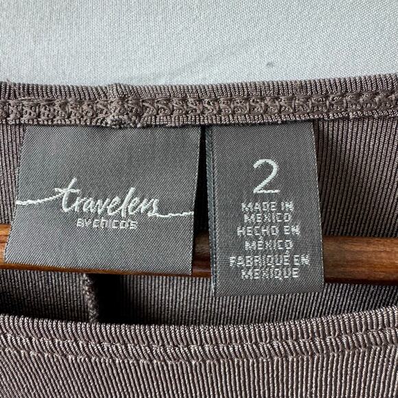 Chico’s Travelers Women’s 2 (L) Asymmetrical Hem Tunic Taupe Slinky Stretch Knit - Picture 2 of 7